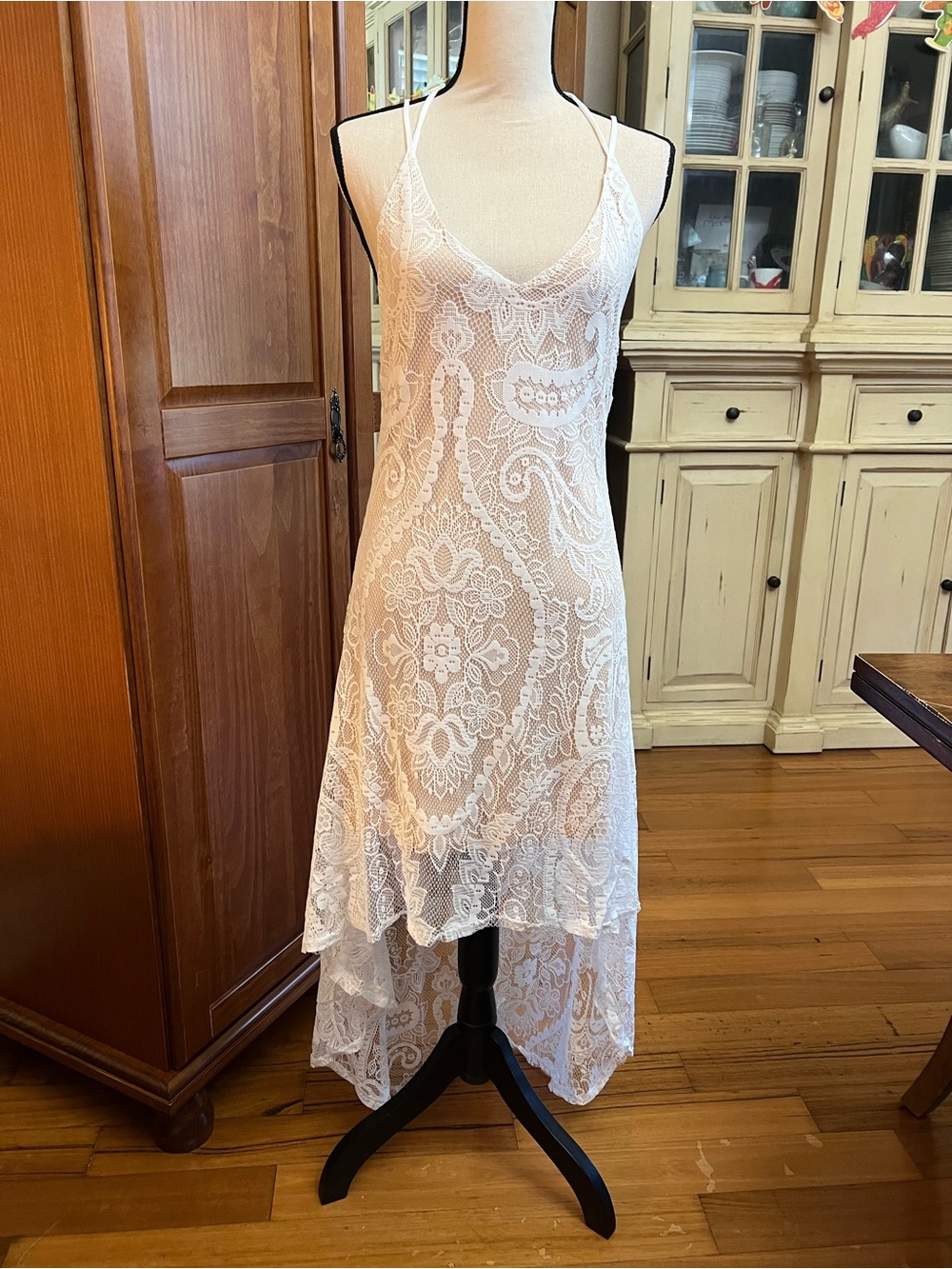Sheer White Lace High-Low Slip Dress with Spaghetti Straps